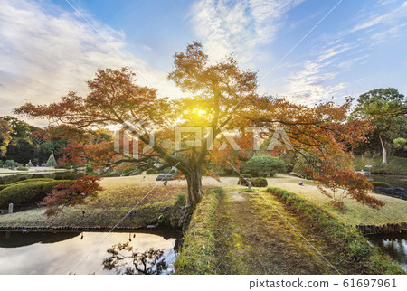 大泉水被松樹,楓樹和秋天的樹葉包圍 大泉水被松樹,楓樹和秋天的樹葉包圍 61697961