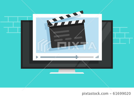 Tv video player with film slate clapper board or television cinema multimedia vector flat cartoon, idea of movie watching or streaming on computer monitor screen, cinematography concept modern image Tv video player with film slate clapper board or television cinema multimedia vector flat cartoon, idea of movie watching or streaming on computer monitor screen, cinematography concept modern image 61699020