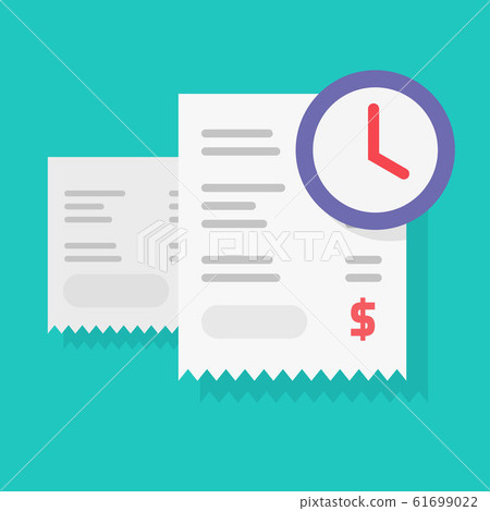 Payment schedule time notification reminder or money budget transaction waiting vector, flat cartoon timer or clock with paper receipts, annual tax pay time awaiting image Payment schedule time notification reminder or money budget transaction waiting vector, flat cartoon timer or clock with paper receipts, annual tax pay time awaiting image 61699022