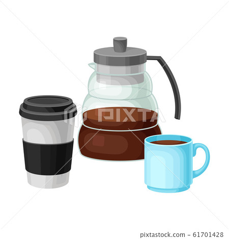 Coffee Beverage Poured in Cup and Teapot Isolated on White Background Vector Illustration. Drink for Good Brain Function Coffee Beverage Poured in Cup and Teapot Isolated on White Background Vector Illustration. Drink for Good Brain Function 61701428
