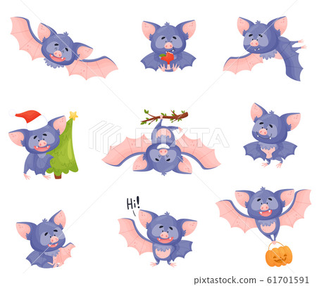 Funny Purple Bat Character in Different Poses Vector Set 61701591