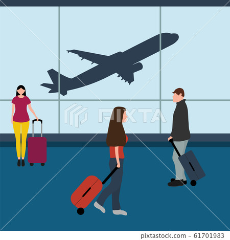 Man with woman tourists travelers with a suitcase at the airport waiting for the plane. Cartoon flat design, vector illustration 61701983