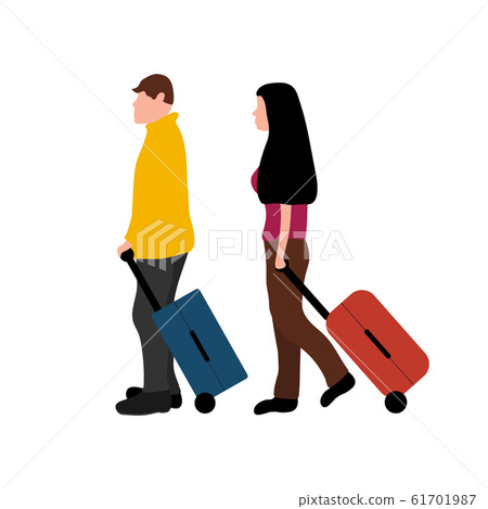 Man and woman travelers with suitcases isolated on white background. Family couple cartoon flat design, vector illustration Man and woman travelers with suitcases isolated on white background. Family couple cartoon flat design, vector illustration 61701987