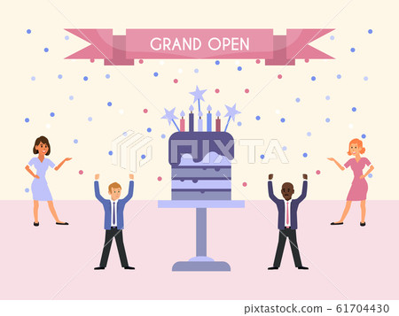Grand open party people and cake vector illustration. People celebrate work corporate, standing near a big cake. Business event concept for events organizations 61704430