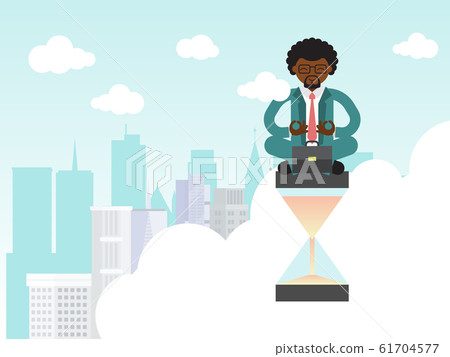 Business time management and relax vector illustration. Lifestyle calm at work concept. Man in suit meditating the city in clouds 61704577