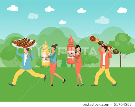 People preparing barbecue. BBQ party concept. People grilling meat on backyard vector illustration. Tiny people carrying sausages, beef, mustard and ketchup on field background 61704592
