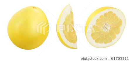 half of pomelo with slice isolated on white background. Top view. Flat lay. half of pomelo with slice isolated on white background. Top view. Flat lay. 61705311