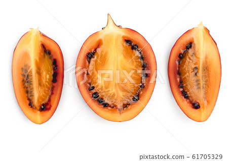 Fresh tamarillo fruit slices with leaves isolated on white background. Top view. Flat lay. Set or collection Fresh tamarillo fruit slices with leaves isolated on white background. Top view. Flat lay. Set or collection 61705329
