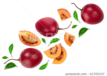 Fresh tamarillo fruit with leaves isolated on white background. Top view. Flat lay Fresh tamarillo fruit with leaves isolated on white background. Top view. Flat lay 61705337