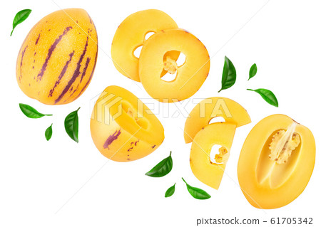 Fresh Pepino fruit with leaves isolated on white background. Top view, flat lay 61705342