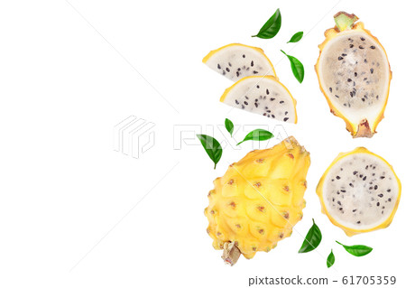Dragon fruit, Pitaya or Pitahaya yellow isolated on white background with copy space for your text. Top view. Flat lay Dragon fruit, Pitaya or Pitahaya yellow isolated on white background with copy space for your text. Top view. Flat lay 61705359
