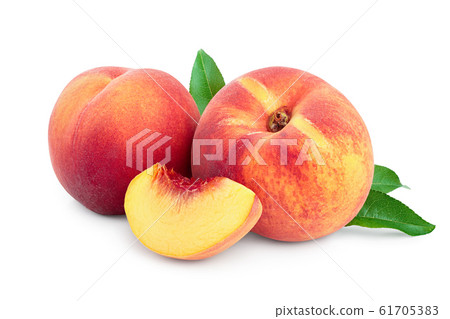 Ripe peach fruit and slice with leaf isolated on white background Ripe peach fruit and slice with leaf isolated on white background 61705383