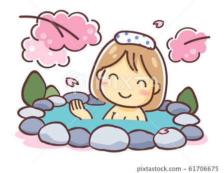Deformed illustration of "Woman entering a hot spring in a spring trip, cherry blossom scenery" (open-air bath) 61706675