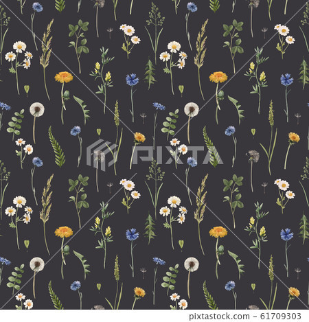 Beautiful vector floral summer seamless pattern with watercolor hand drawn field wild flowers. Stock illustration. Beautiful vector floral summer seamless pattern with watercolor hand drawn field wild flowers. Stock illustration. 61709303