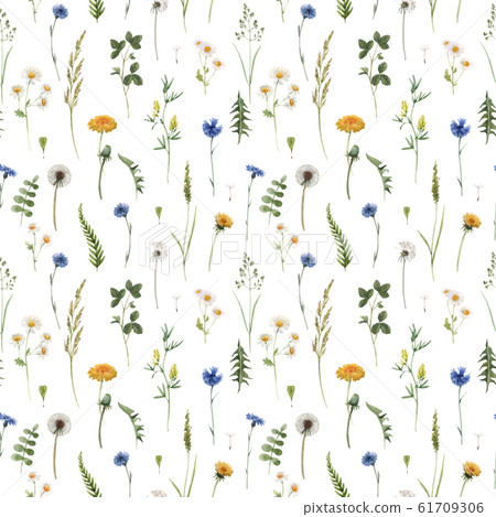Beautiful vector floral summer seamless pattern with watercolor hand drawn field wild flowers. Stock illustration. Beautiful vector floral summer seamless pattern with watercolor hand drawn field wild flowers. Stock illustration. 61709306