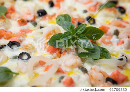 Close-up seafood pizza with various ingredients decorated with Basil Close-up seafood pizza with various ingredients decorated with Basil 61709880