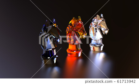 Chess 3 pieces horses made of glass colors red, blue, transparent on a dark brushed metal background. Luxury figures with noble cut glass with edges. 3d illustration. 61713942