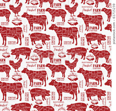Meat cuts. Diagrams for butcher shop. Animal silhouette. Vector illustration. Seamless pattern. Meat cuts. Diagrams for butcher shop. Animal silhouette. Vector illustration. Seamless pattern. 61715239
