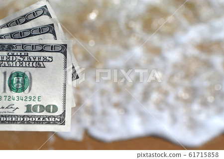 Girl holding money bill of 300 dollars on background of sea ocean Girl holding money bill of 300 dollars on background of sea ocean 61715858