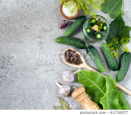 Preparation for pickling cucumbers with spices and herbs. Top view. Copy-space. Preparation for pickling cucumbers with spices and herbs. Top view. Copy-space. 61716077