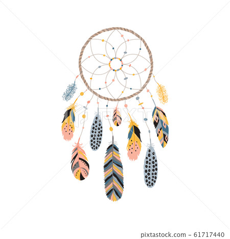 Dream catcher with feathers, jewels and colorful gemstones. Astrology, spirituality symbol. Ethnic tribal element. 61717440