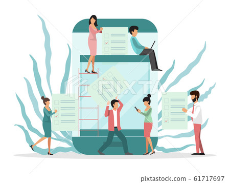 Online voting by tiny people vector illustration. Phone screen, box, voters paper lists with decision. Modern electronic voting system for electorate 61717697