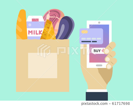 Hand holds phone grocery store online. Food online order service. Paper bag full of groceries. Man holding smartphone and credit card 61717698