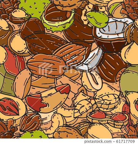 Nuts and seeds seamless pattern vector illustration. Different nut and seed colored background. Nuts and seeds seamless pattern vector illustration. Different nut and seed colored background. 61717709