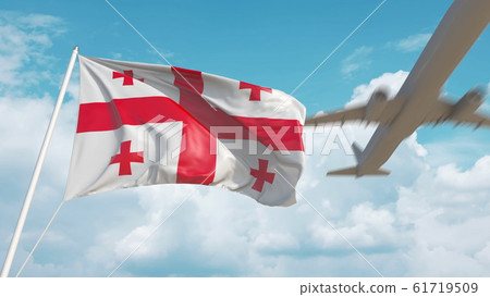Airliner approaches the Georgian national flag. Tourism in Georgia. 3D rendering Airliner approaches the Georgian national flag. Tourism in Georgia. 3D rendering 61719509