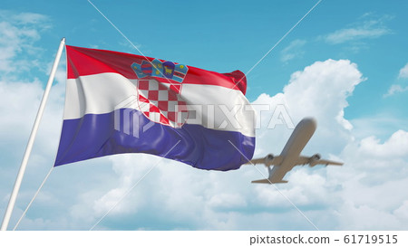 Airliner approaches the Croatian national flag. Tourism in Croatia. 3D rendering 61719515