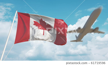 Airliner approaches the Canadian flag. Tourism in Canada. 3D rendering Airliner approaches the Canadian flag. Tourism in Canada. 3D rendering 61719596