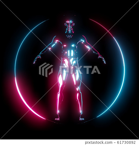 Neon light Vitruvian Man in circle frame 61730892