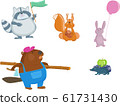 animal vector set, raccoon with flag, rabbit with balloon, squirrel with nut, beaver with hatchet and log, hedgehog with green apple in cartoon style, cute illustration, holiday and fun 61731430