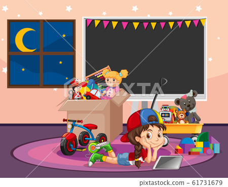 Scene with girl relaxing in the room full of toys 61731679