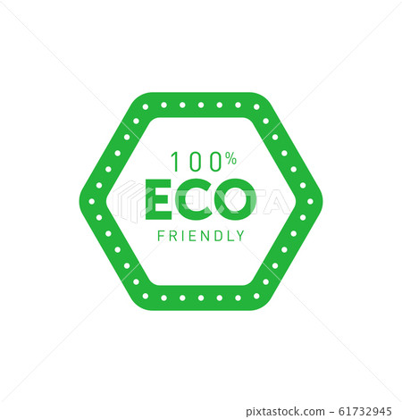 Eco friendly 100 percent green hexagonal badge. Design element for packaging design and promotional material. Vector illustration. Eco friendly 100 percent green hexagonal badge. Design element for packaging design and promotional material. Vector illustration. 61732945