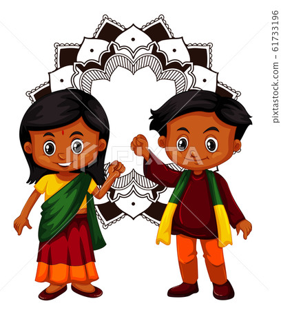 India boy and girl with mandala background 61733196