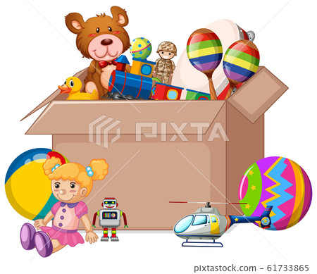 Cardboard box full of toys on white background 61733865