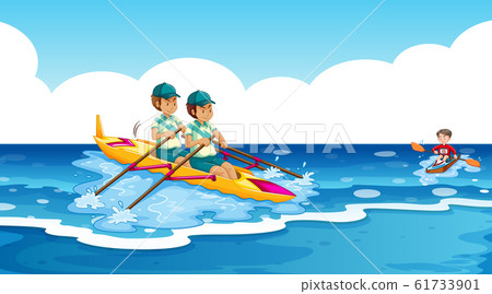 Scene with people rowing boat at sea 61733901