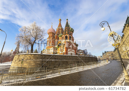 Saint Basil cathedral ( Temple of Basil the Blessed) and Christmas (New Year holidays) decoration, Red Square, Moscow, Russia 61734782