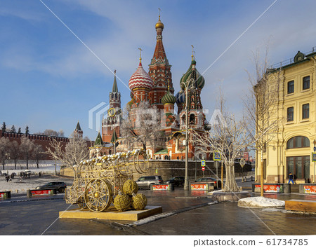 Saint Basil cathedral ( Temple of Basil the Blessed) and Christmas (New Year holidays) decoration, Red Square, Moscow, Russia 61734785