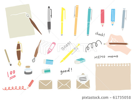 Set of hand-drawn style illustrations of stationery (writing instruments) 61735058