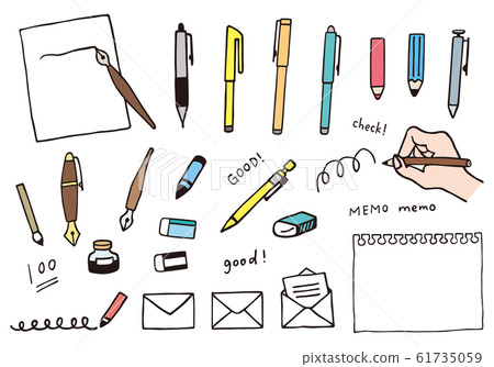 Set of hand-drawn style illustrations of stationery (writing instruments) 61735059