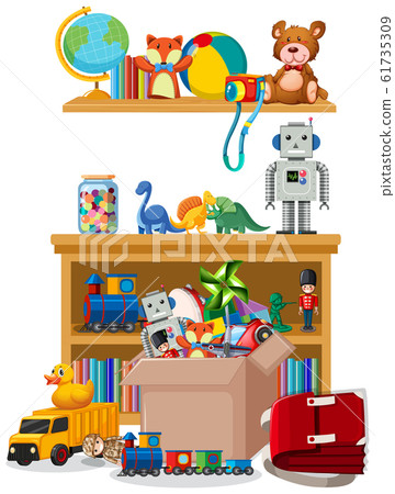Scene with many toys on the shelf Scene with many toys on the shelf 61735309