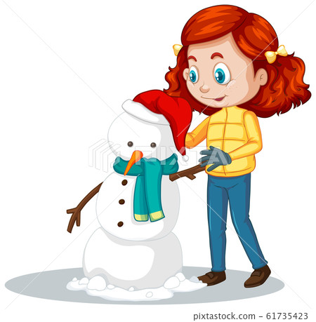 Girl making snowman on white background 61735423