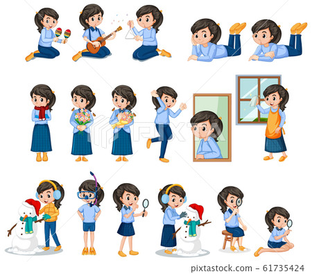 Girl in blue shirt doing different activities 61735424
