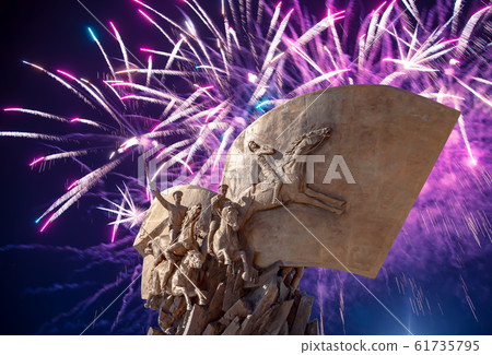Fireworks over the Monument to the heroes First World War in Victory Park on Poklonnaya Hill, Moscow, Russia Fireworks over the Monument to the heroes First World War in Victory Park on Poklonnaya Hill, Moscow, Russia 61735795