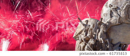 Fireworks over the Monument to the heroes First World War in Victory Park on Poklonnaya Hill, Moscow, Russia 61735813