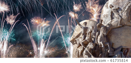Fireworks over the Monument to the heroes First World War in Victory Park on Poklonnaya Hill, Moscow, Russia Fireworks over the Monument to the heroes First World War in Victory Park on Poklonnaya Hill, Moscow, Russia 61735814