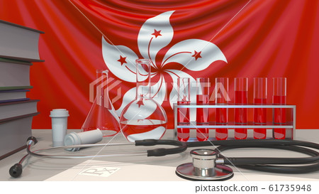 Clinic laboratory equipment on flag background. Healthcare and medical research in Hong Kong related conceptual 3D rendering 61735948