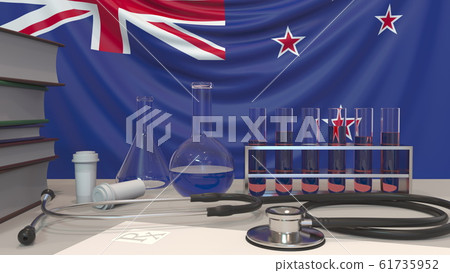 Clinic laboratory equipment on flag background. Healthcare and medical research in New Zealand related conceptual 3D rendering 61735952